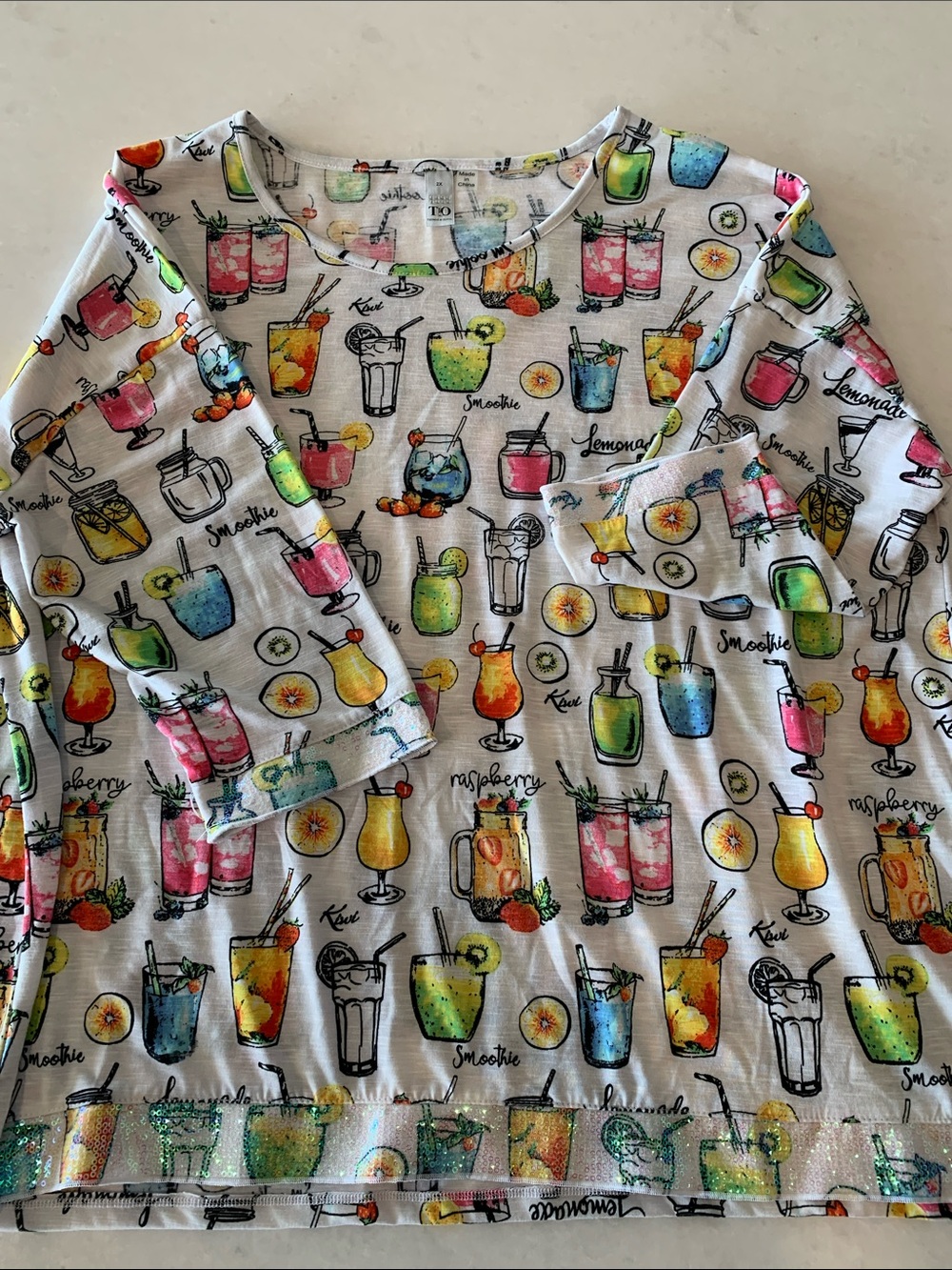 SO Women’s White Top with Multicolor Drink Print